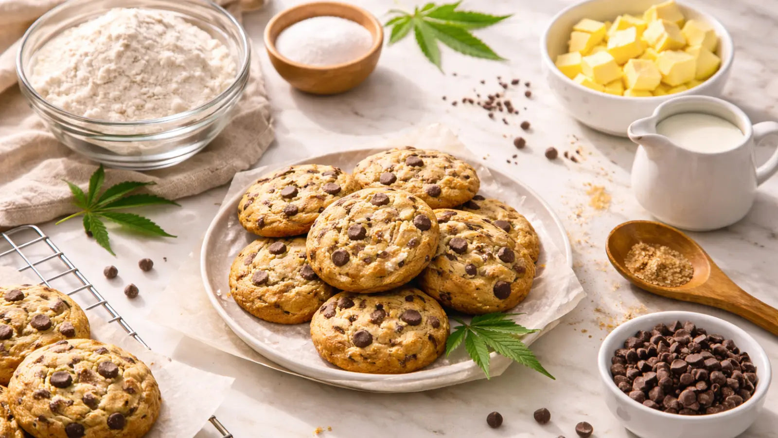 A modern kitchen counter with flour, mixing bowl, whisk, cracked eggs, butter, and freshly baked cookies cooling on a rack, styled for a THC baking guide
