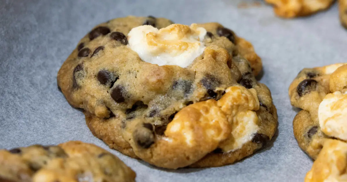 Chocolate chip cookies with toasted marshmallow topping, bakery-style dessert
