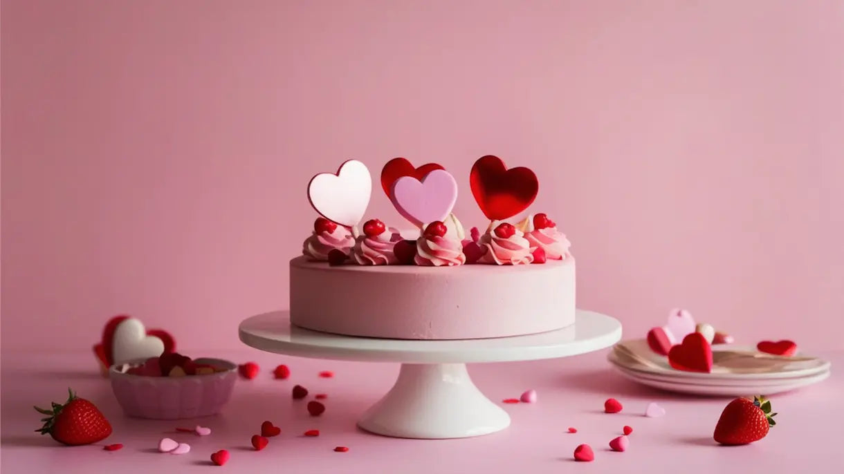 Valentine’s Day THC Desserts (cake decorated with heart toppers on a pink background)