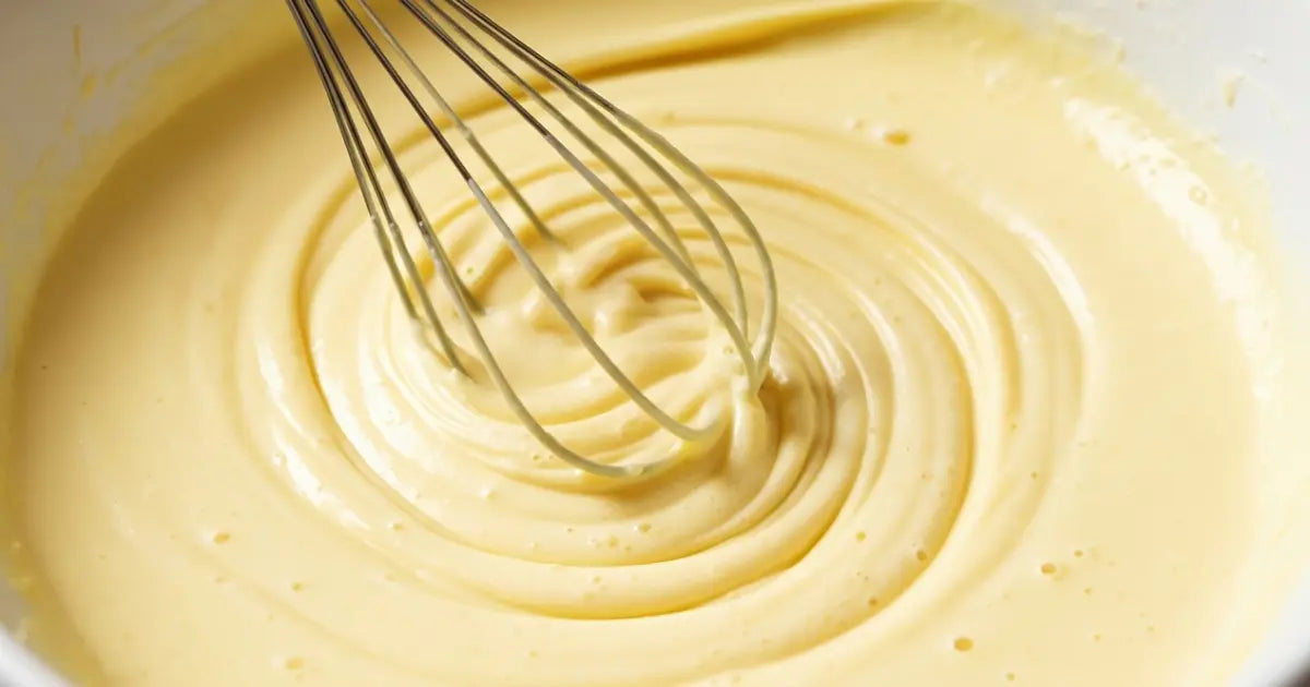 Smooth cake batter being whisked in a bowl during dessert preparation