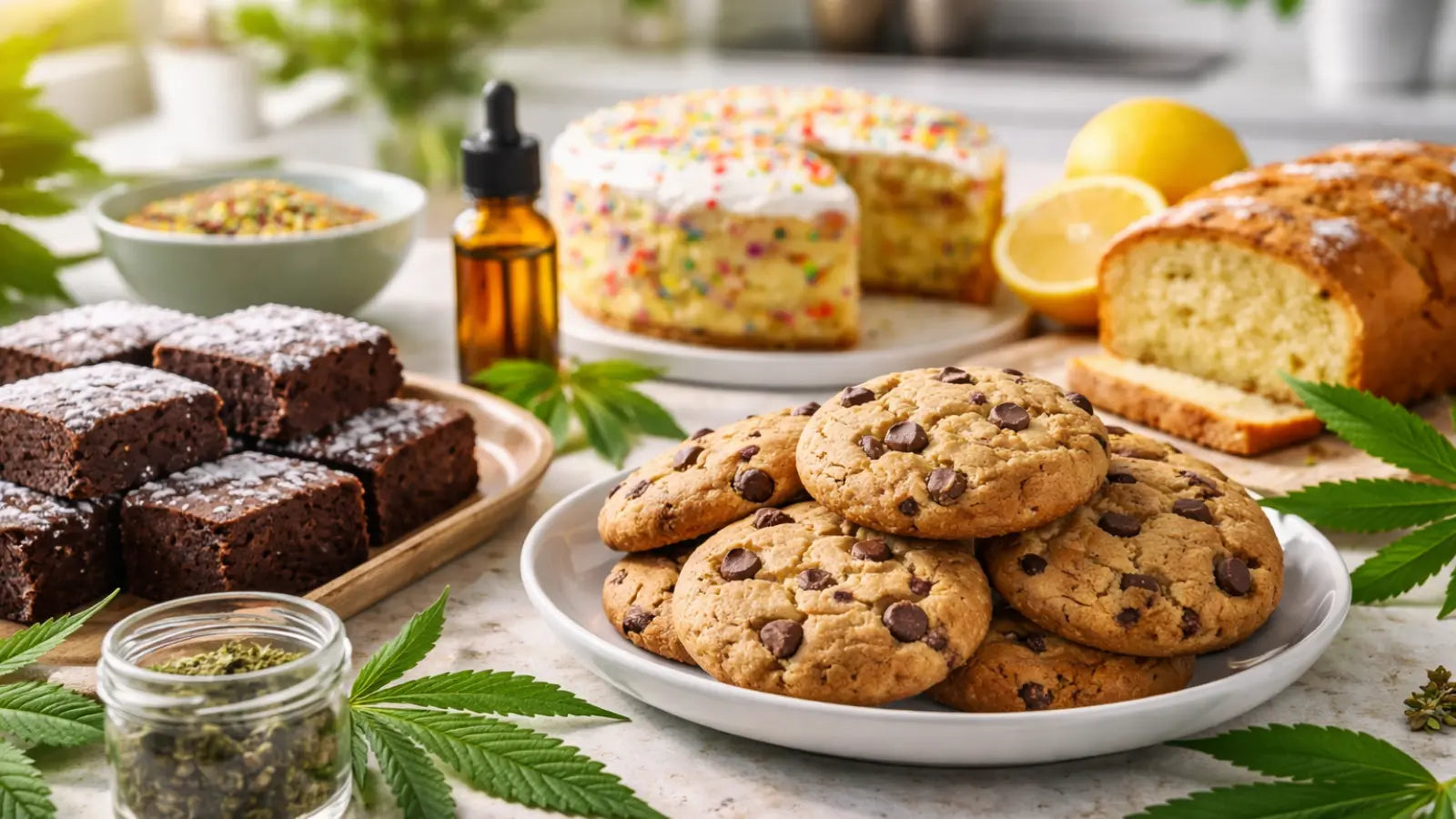 THC-infused brownies, cookies, and cupcakes arranged on a kitchen table with cannabis leaves and baking ingredients for a 420 dessert spread.