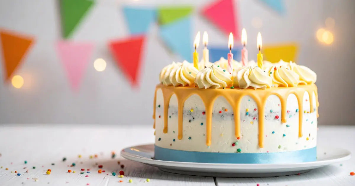 THC-infused Birthday cake with candles, frosting, and colorful sprinkles on a cake stand